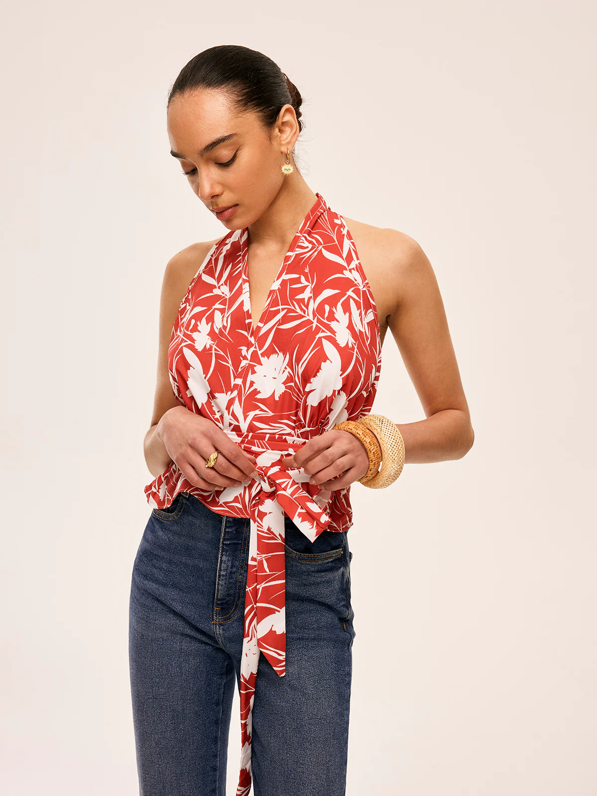 Floral Halter Neck Tie Waist Top - Takermore