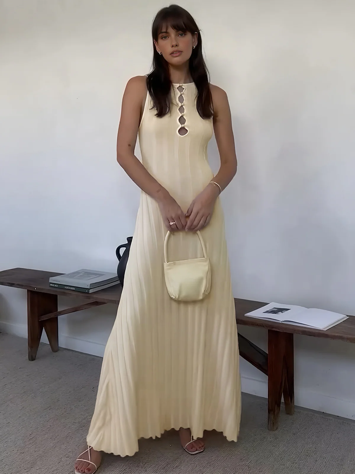 Keyhole Neckline Pearl Decor Sweater Long Dress - Takermore