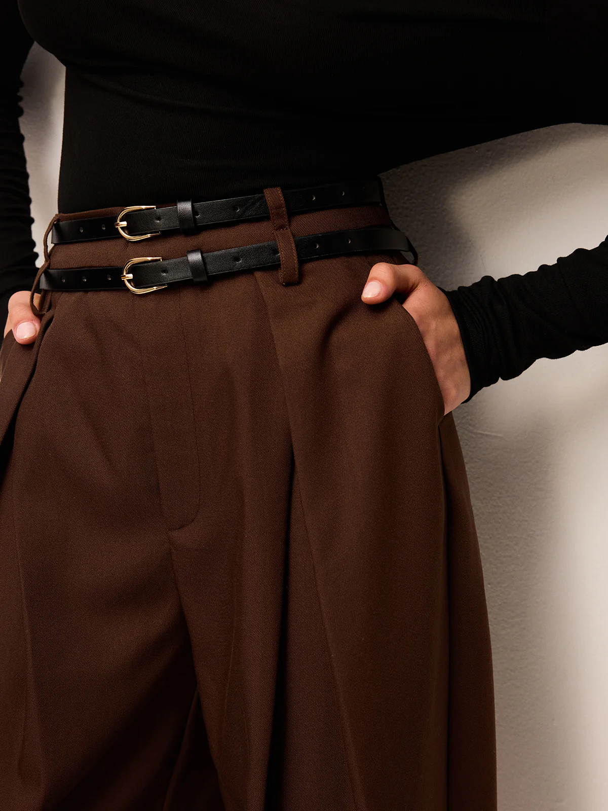 High-Waist Wide-Leg Pants With Double Belts - Takermore