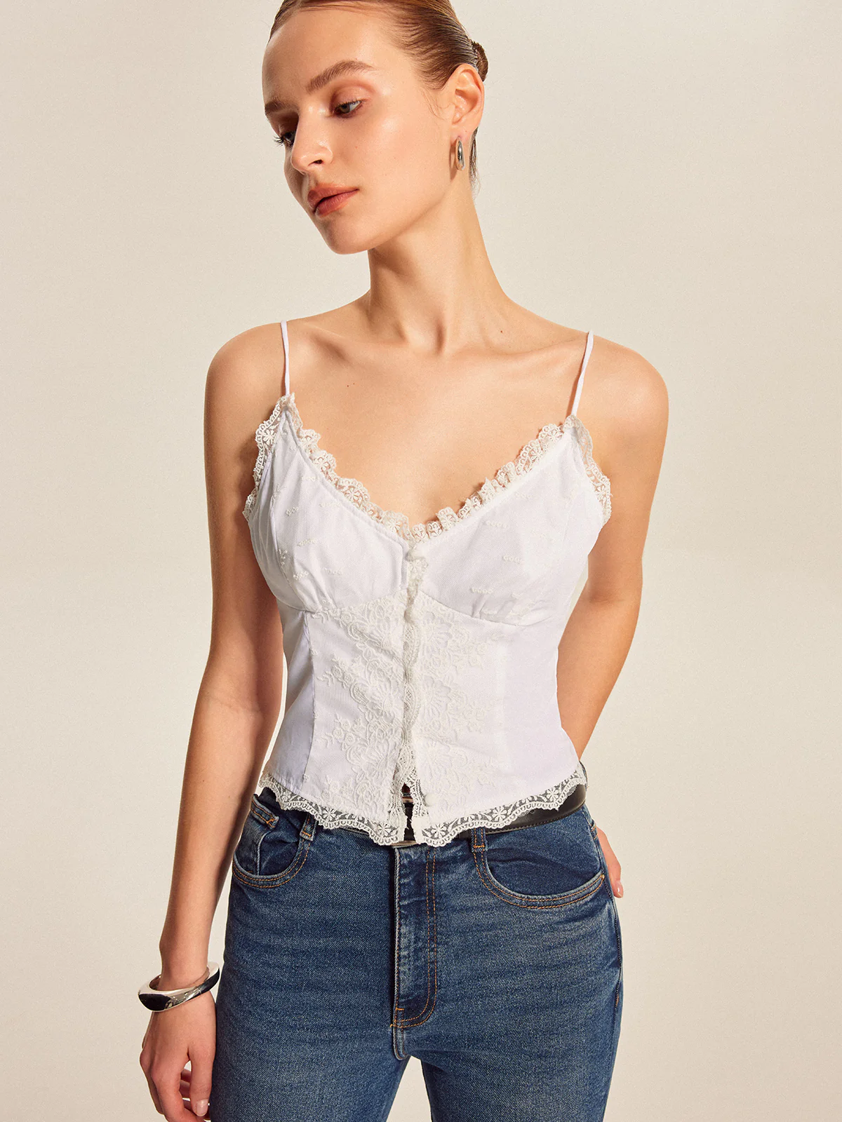 Lace Trim Button-Up Cami Top - Takermore
