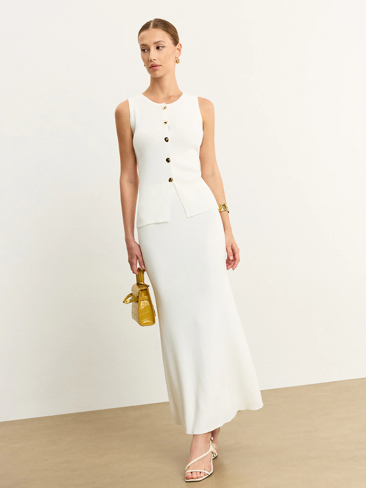 Sleeveless Button-Front Knit Skirt Set - Takermore