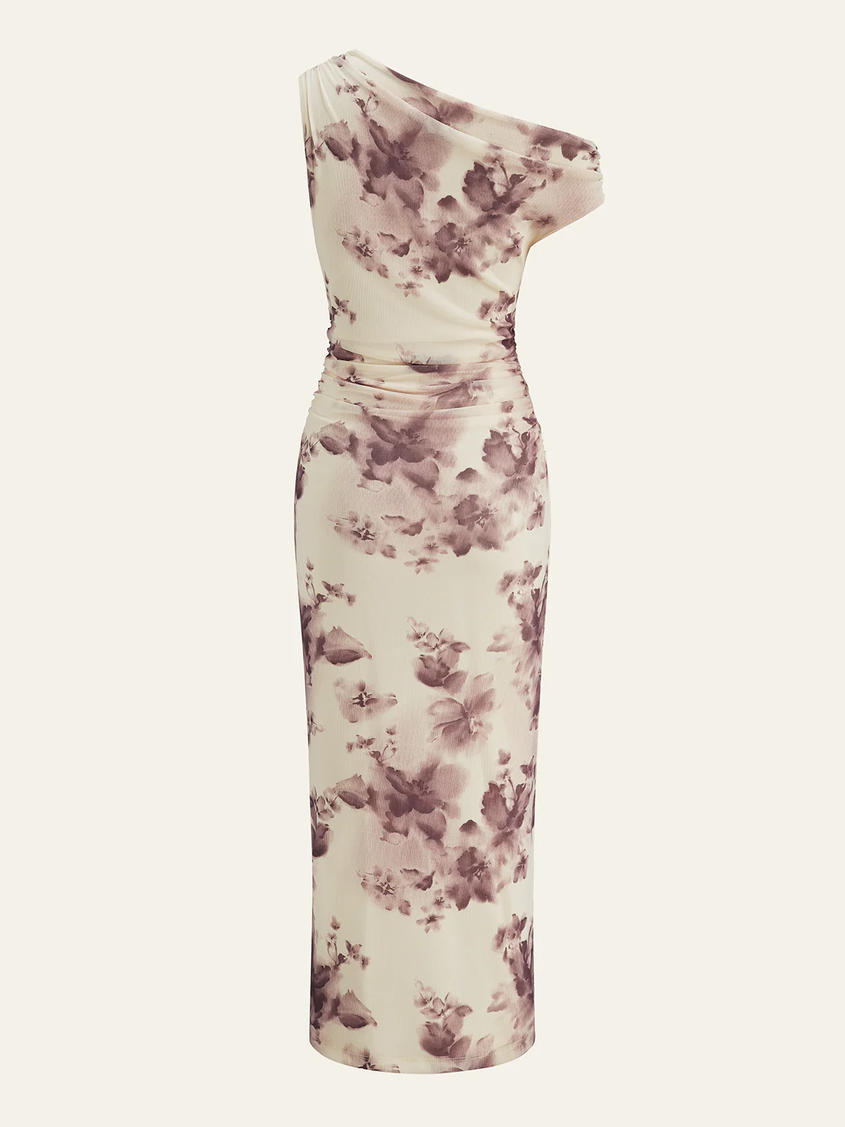 One-Shoulder Ruched Floral Print Midi Dress - Takermore