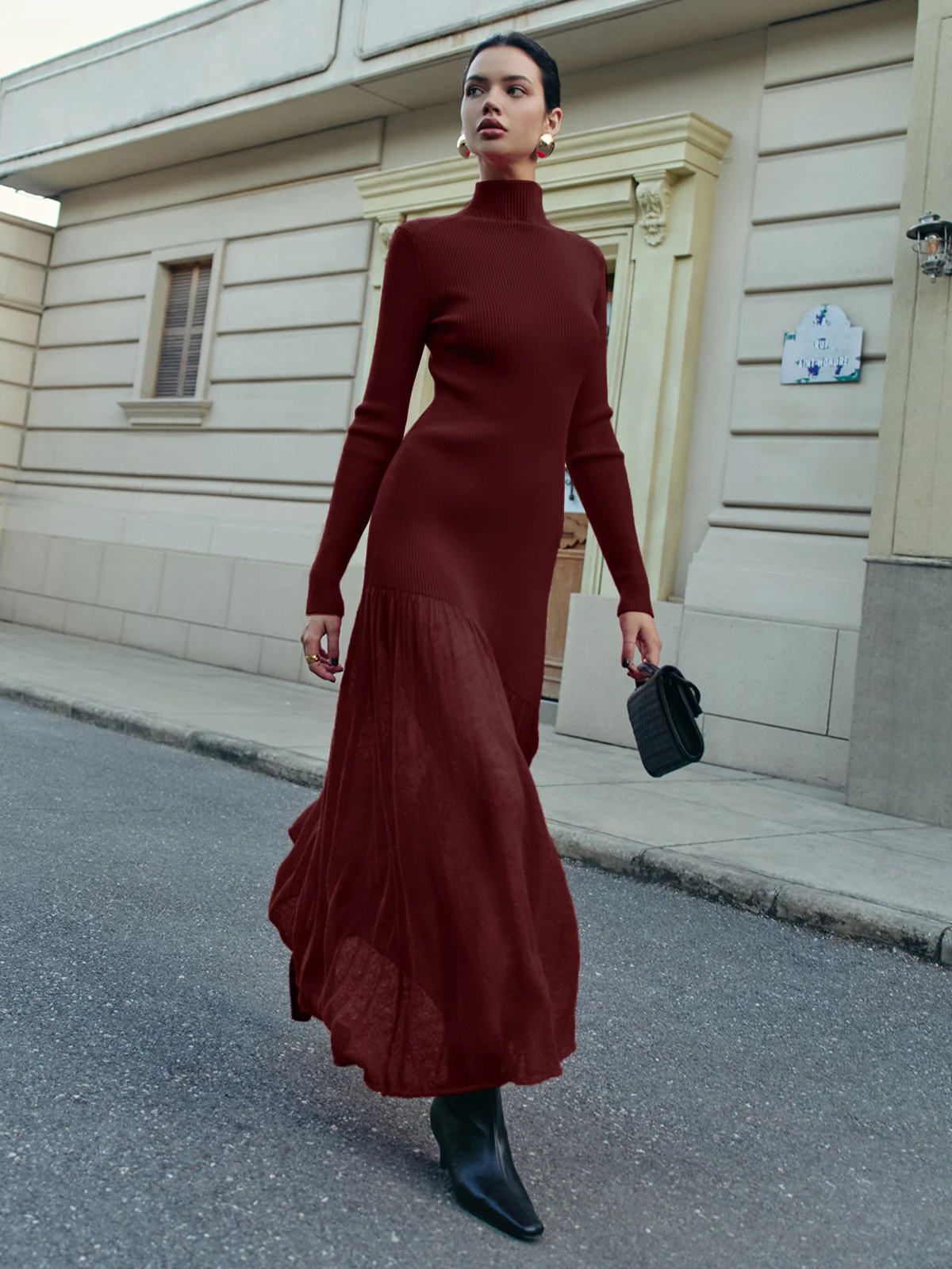 Mock Neck  Pleated Panel Sweater Dress - Takermore