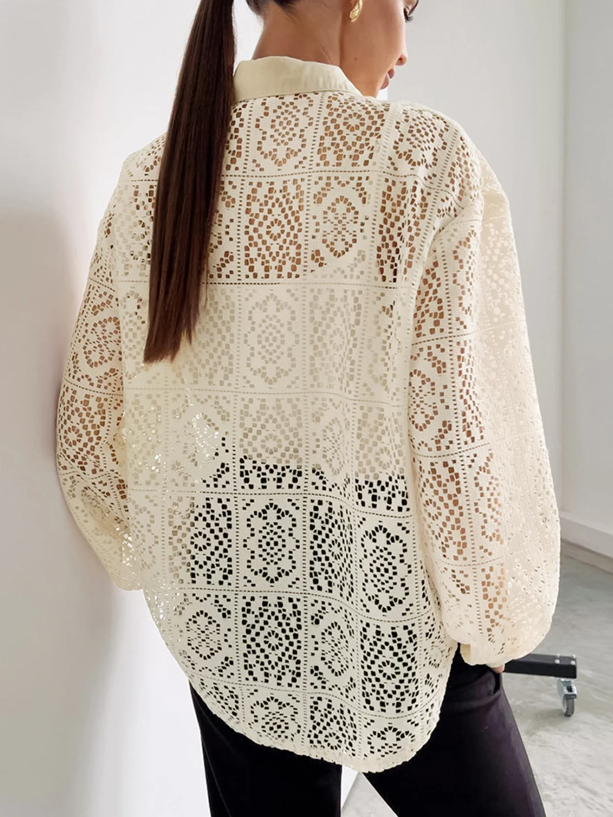 Oversized Semi-Sheer Eyelet Button Down Shirt - Takermore