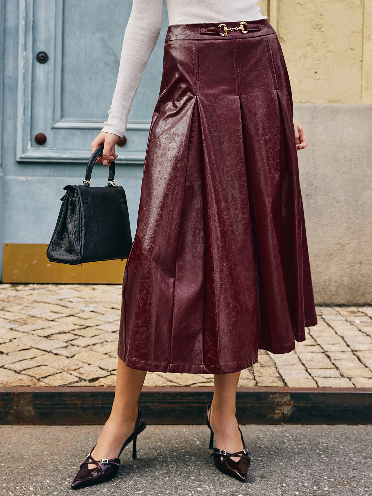 Metal-Detail Pleated Faux Leather Skirt - Takermore