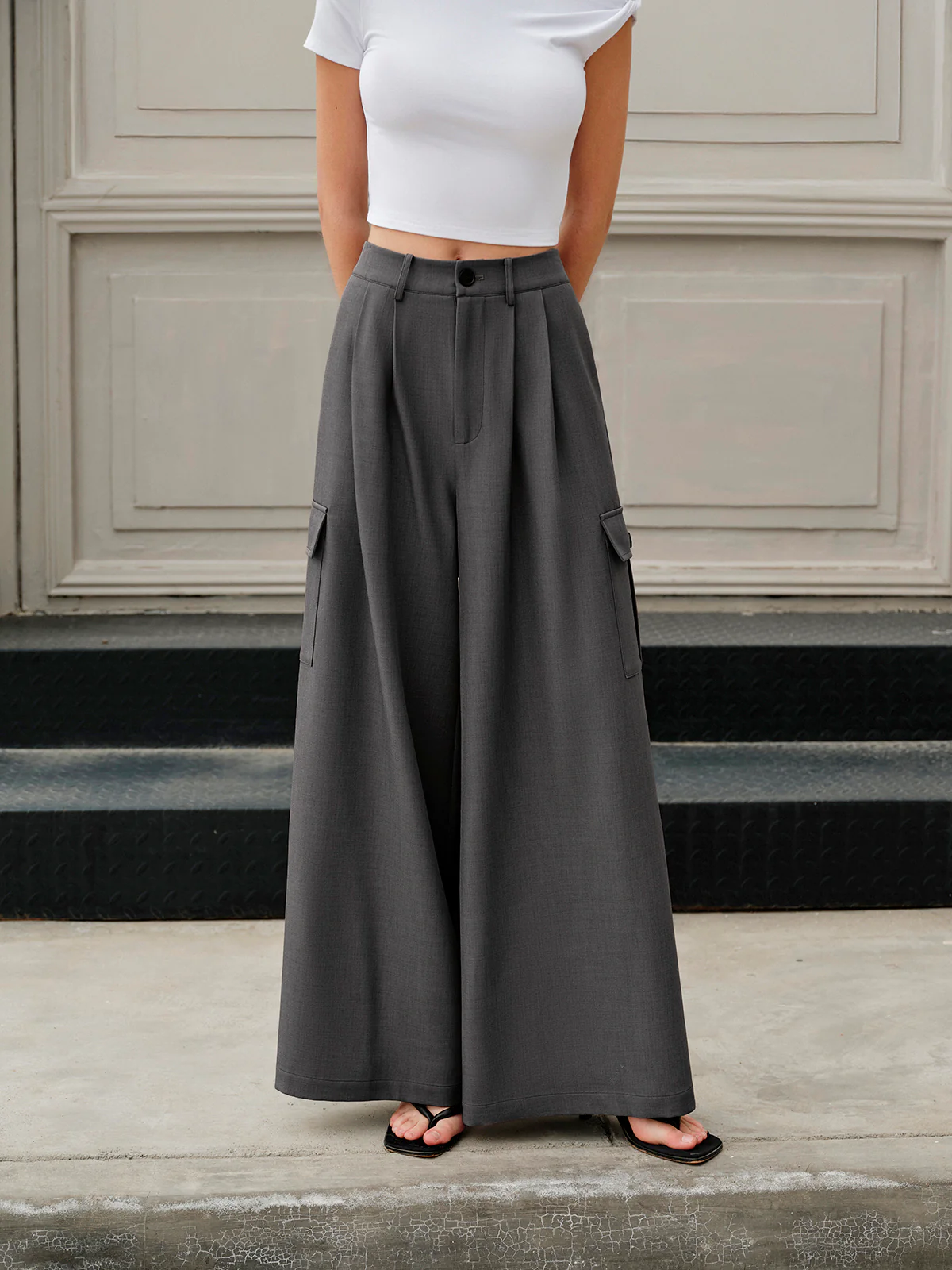 Mid-Waist Pockets Wide-Leg Pants - Takermore