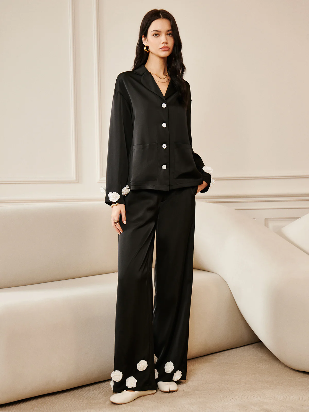 Satin 3D Flower Pocket Shirt - Takermore