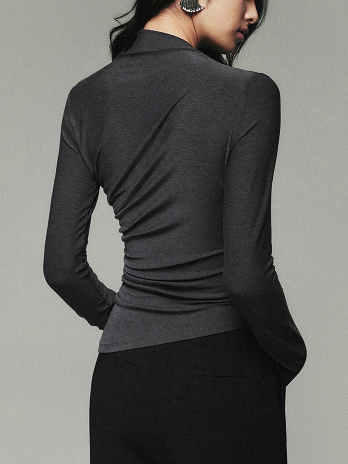 Asymmetric Collar Draped Long Sleeve Shirt - Takermore