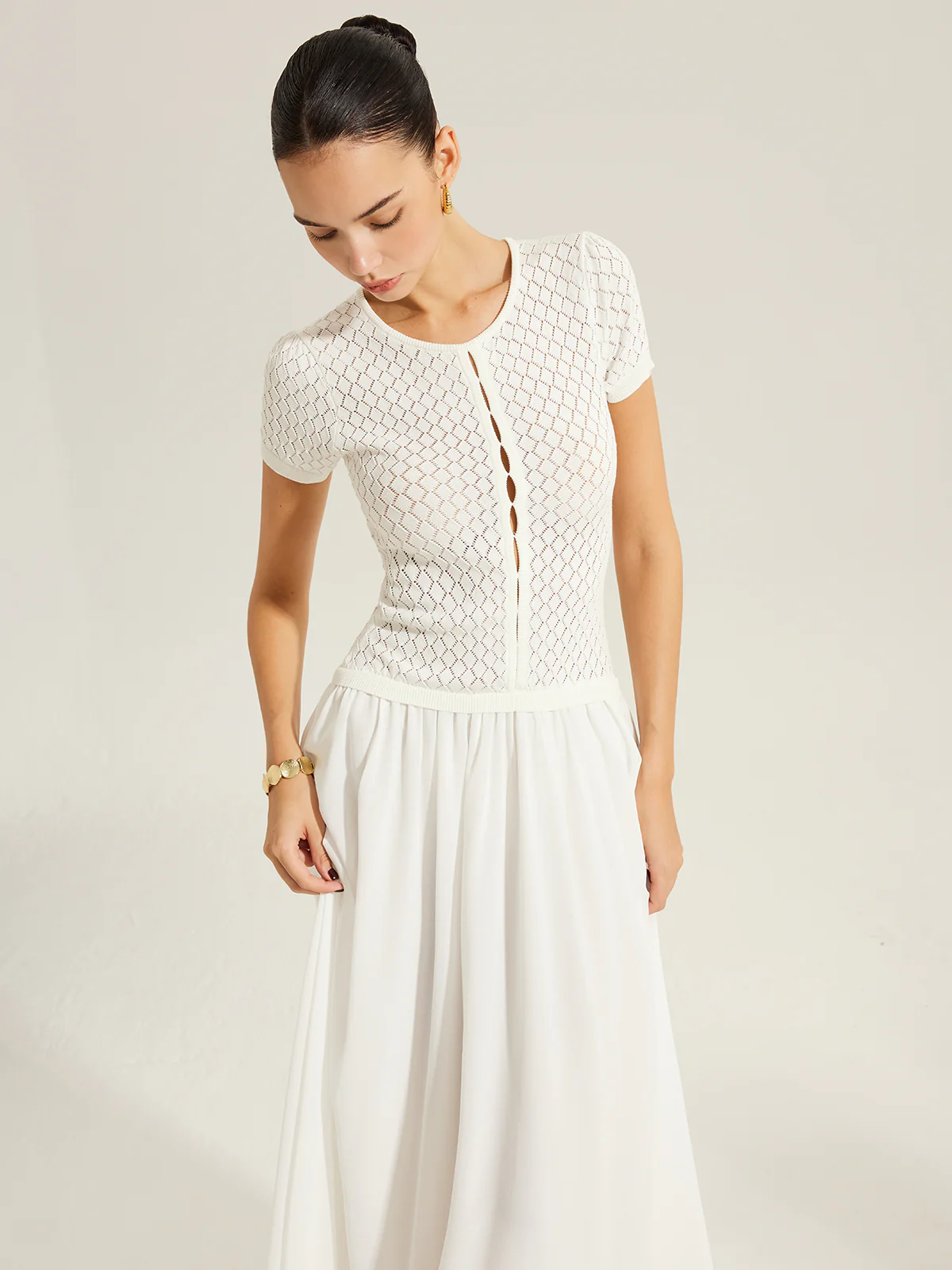 Sheer-Panel Button-Front Knit Dress - Takermore