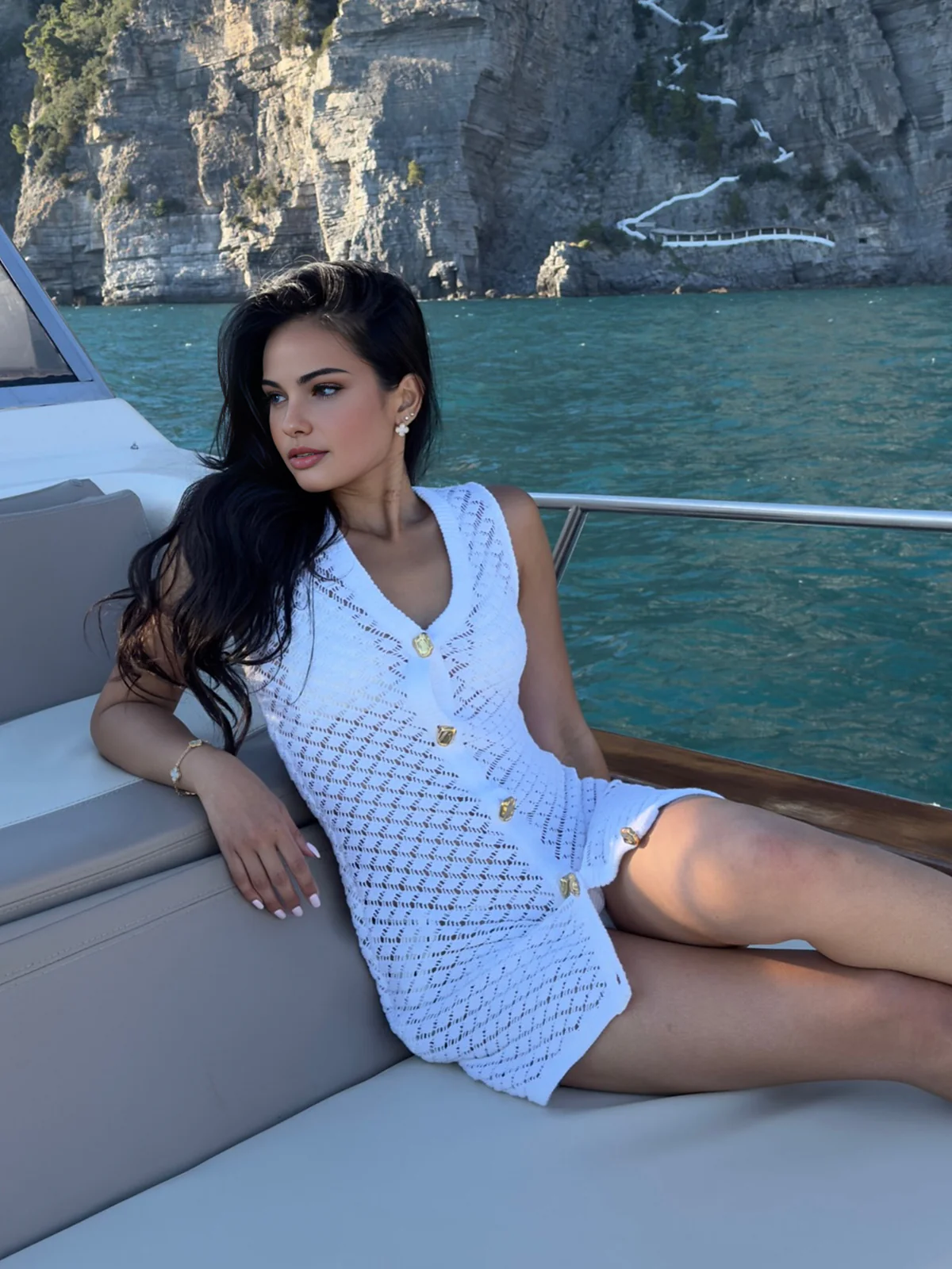 Cutout Button V-Neck Sweater Dress - Takermore