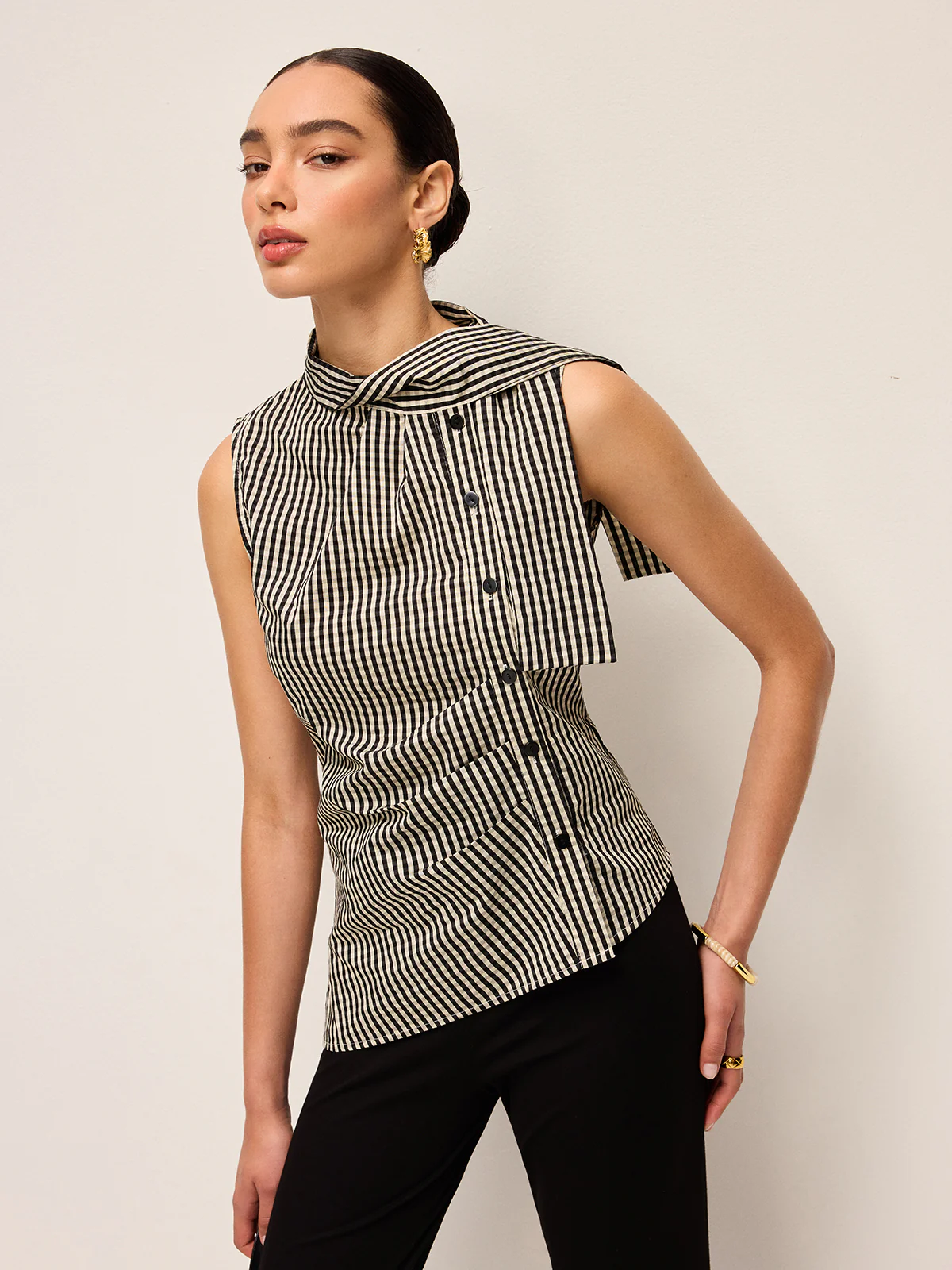 Asymmetric Neck Gingham Button Top - Takermore