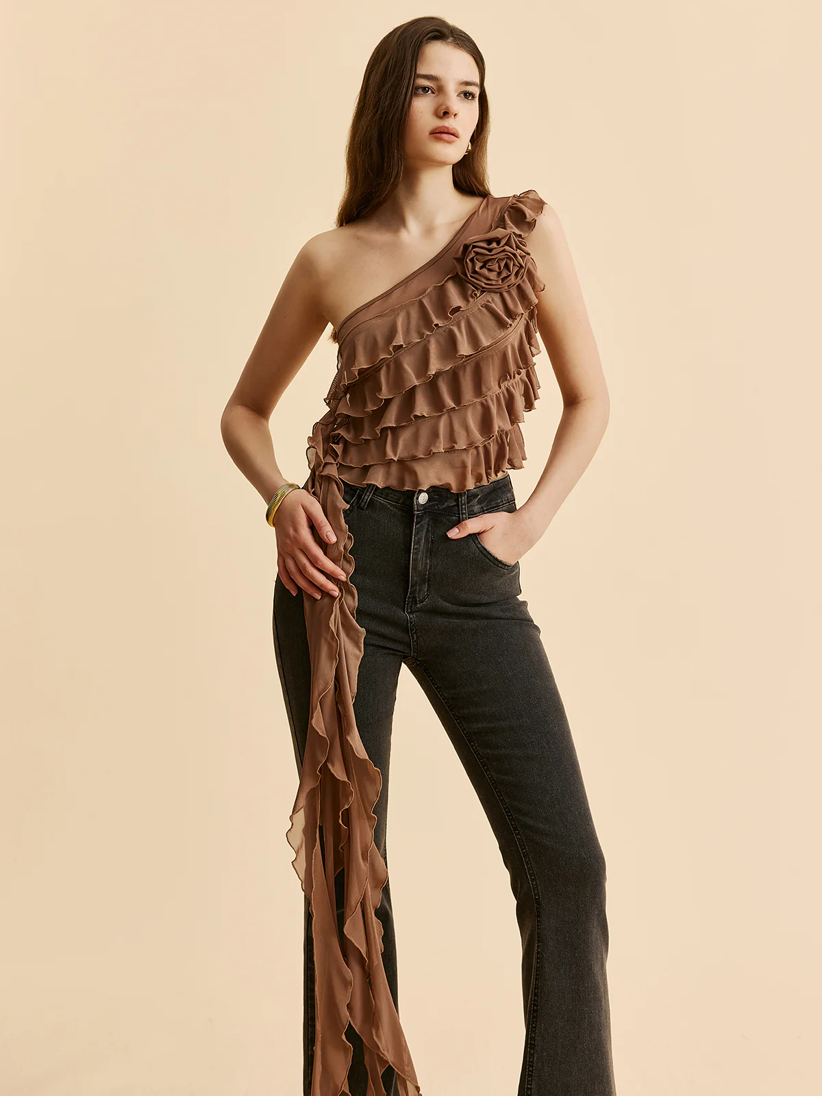 One-Shoulder Ruffled Rosette Detail Top - Takermore