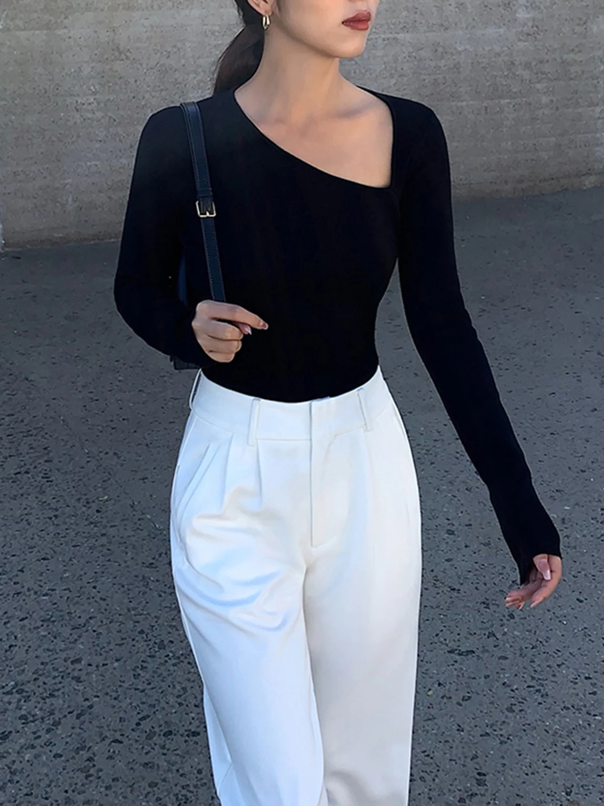 Asymmetrical Plain Long Sleeve T-Shirt - Takermore