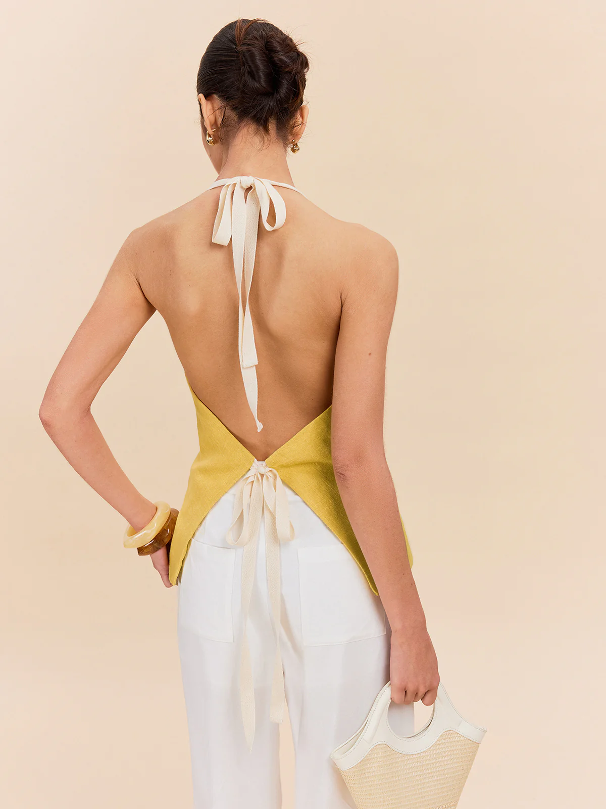 Cotton & Linen Halter Top With Decor Pocket - Takermore