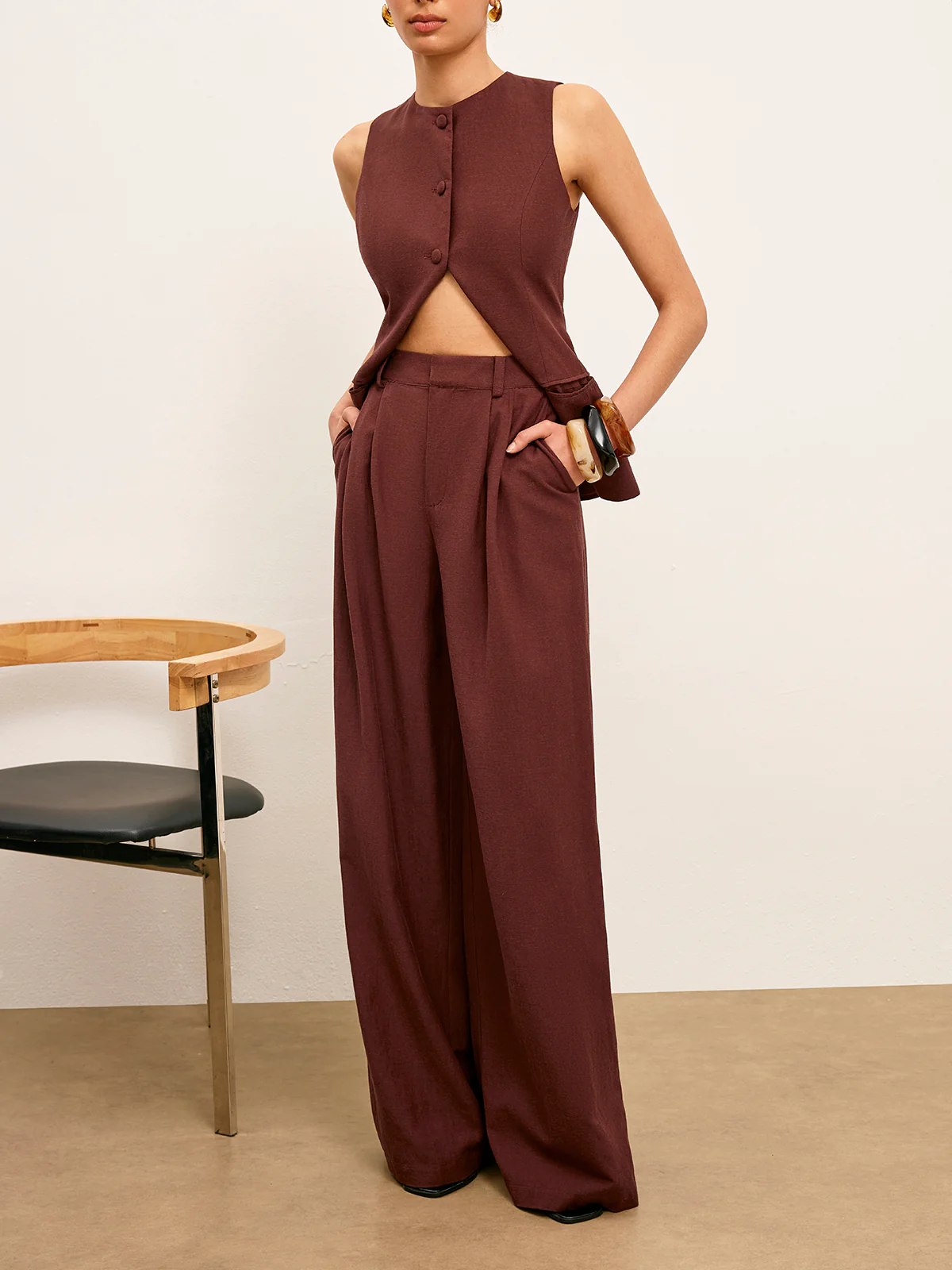 Mid-Waist Wide-Leg Pants With Pockets - Takermore