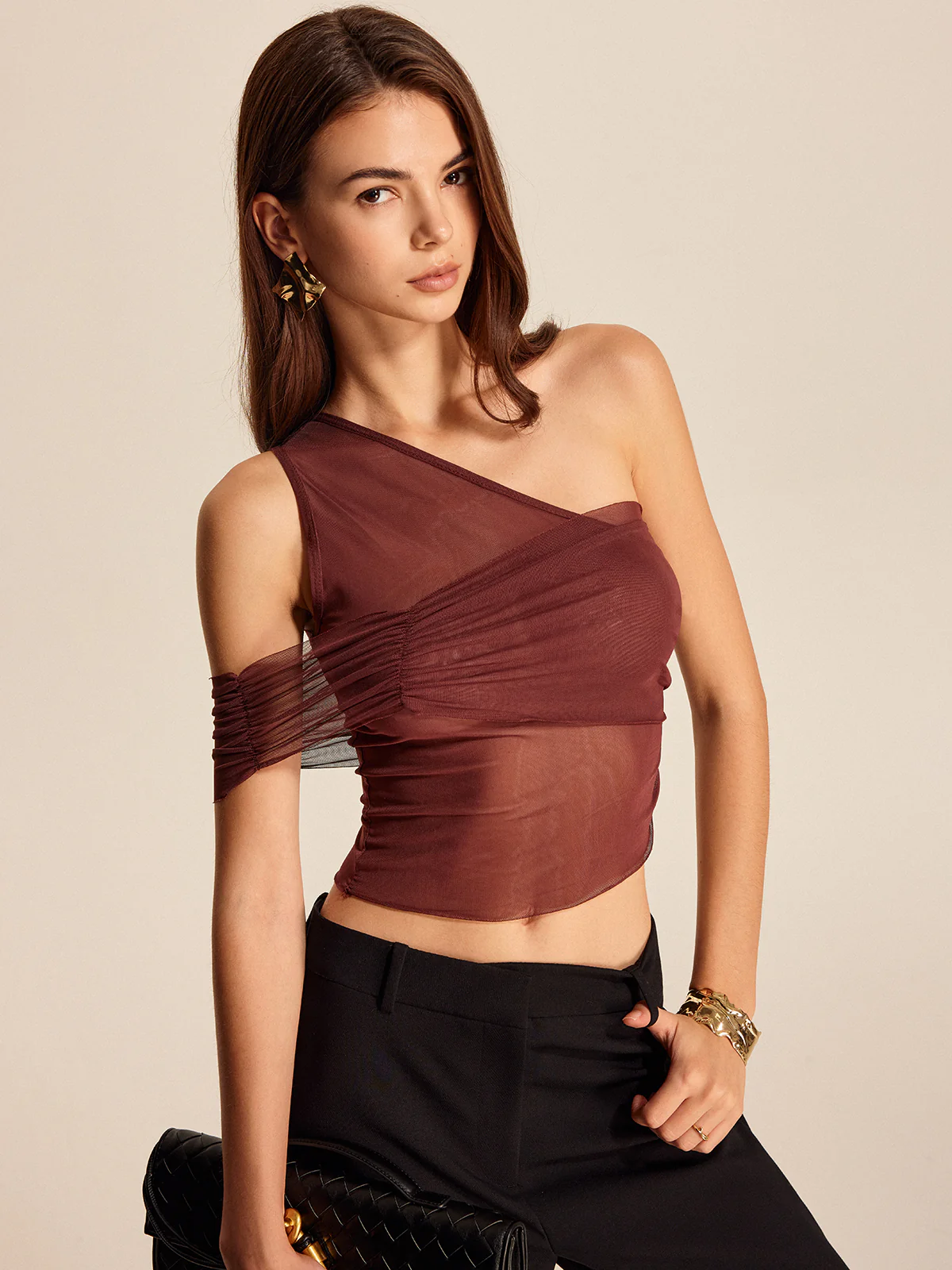 Semi-Sheer One-Shoulder Mesh Top - Takermore