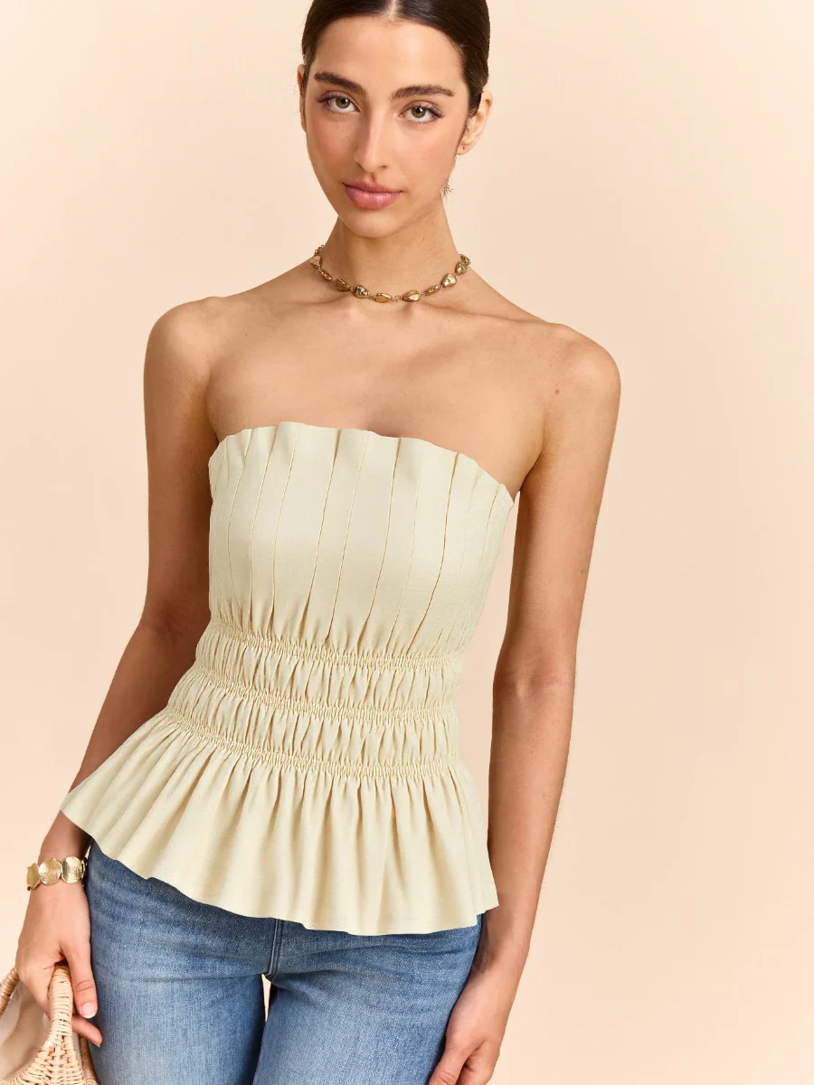 Cotton & Linen Strapless Smocked Peplum Top - Takermore