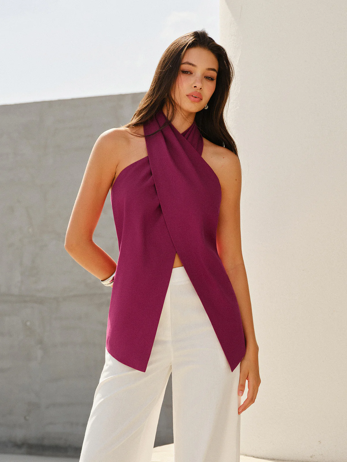 Halter-Style Cross-Neckline Backless Top - Takermore