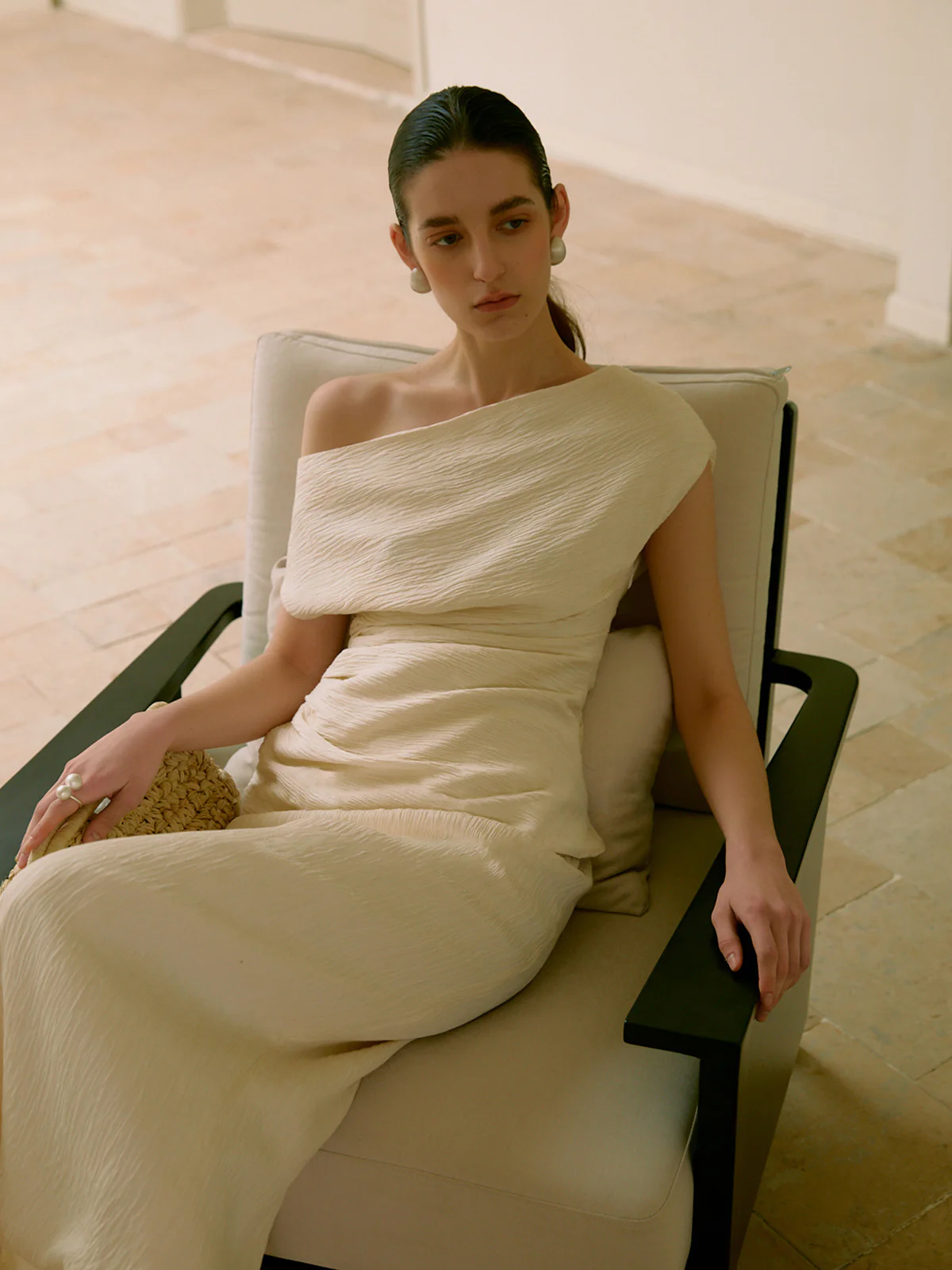 Asymmetrical Neck One Shoulder Off Pleated T-Shirt - Takermore