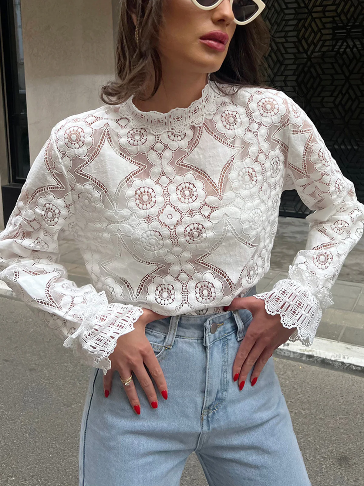 Semi-Sheer Lace Embroidery Floral Mock Neck T-Shirt - Takermore