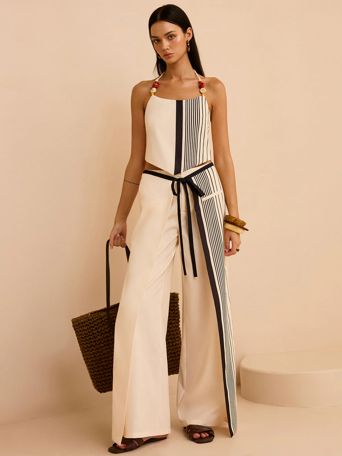 Striped Halter Top with Beaded Straps - Takermore