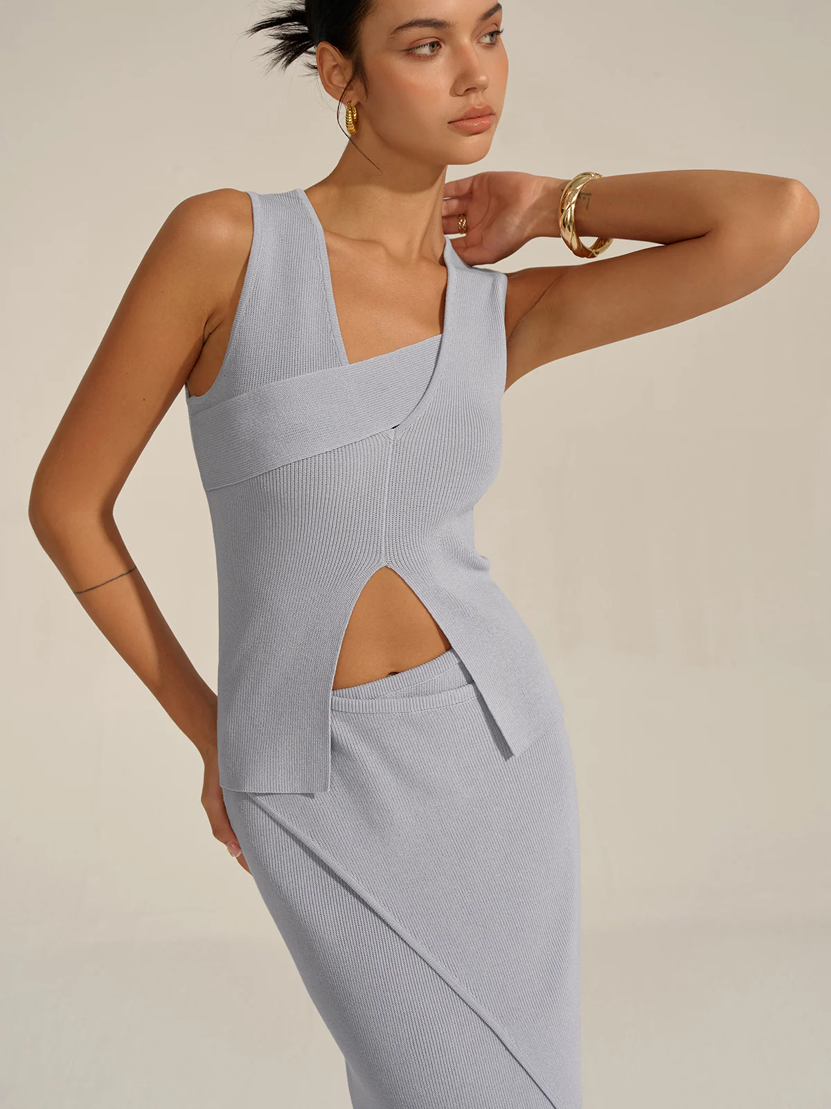 Asymmetrical Slit Knit Skirt Set - Takermore