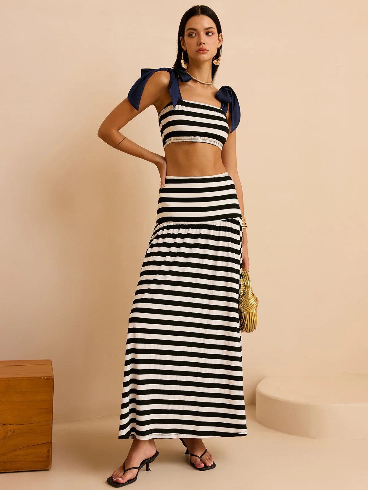 Striped Skirt Set with Bow Straps - Takermore