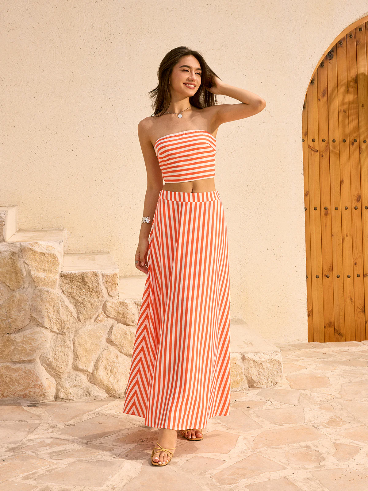 Striped Tube Top and Maxi Skirt Set - Takermore