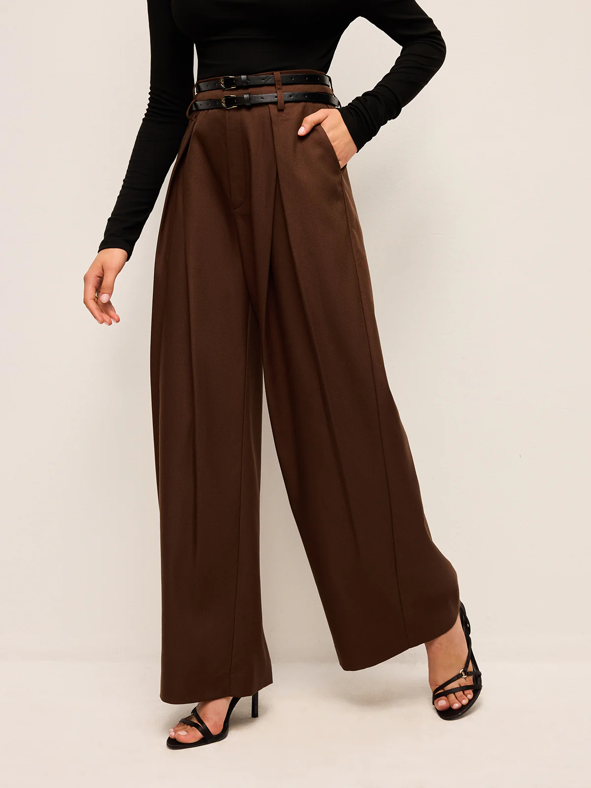 High-Waist Wide-Leg Pants With Double Belts - Takermore