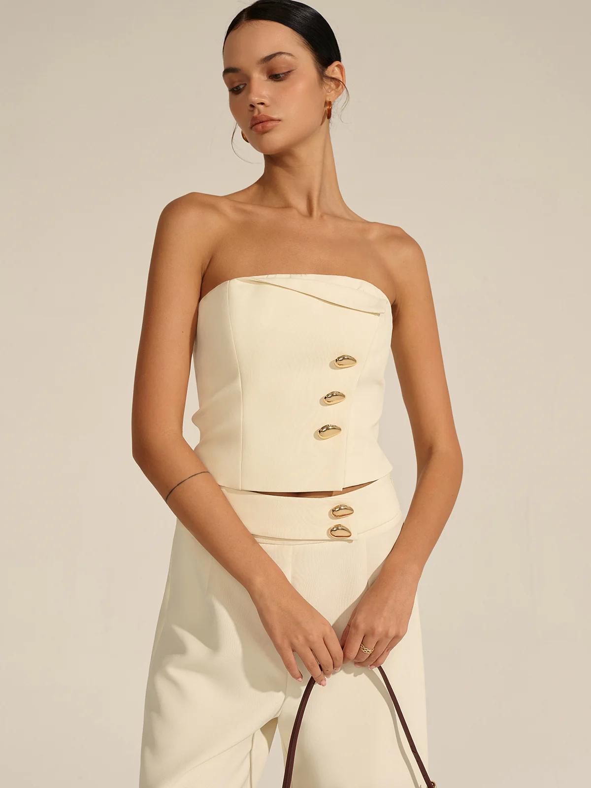 Metal Decor Strapless Crop Top - Takermore