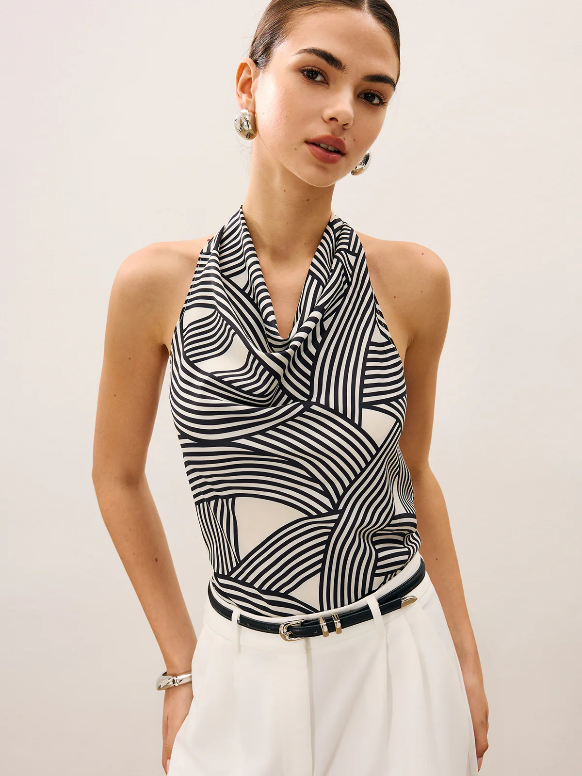 Abstract Stripe Print Cowl Neck Halter Top - Takermore