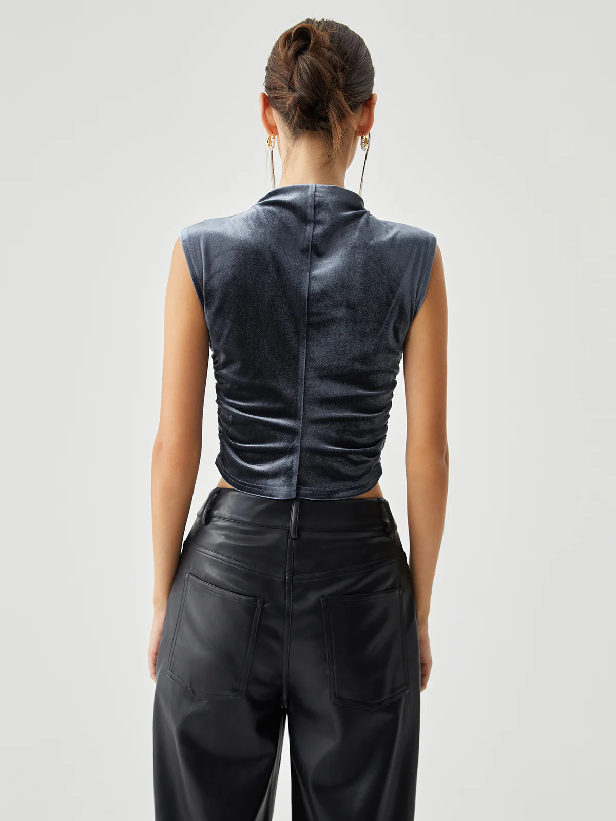 Velvet Draped Mock Neck Sleeveless Crop Top - Takermore