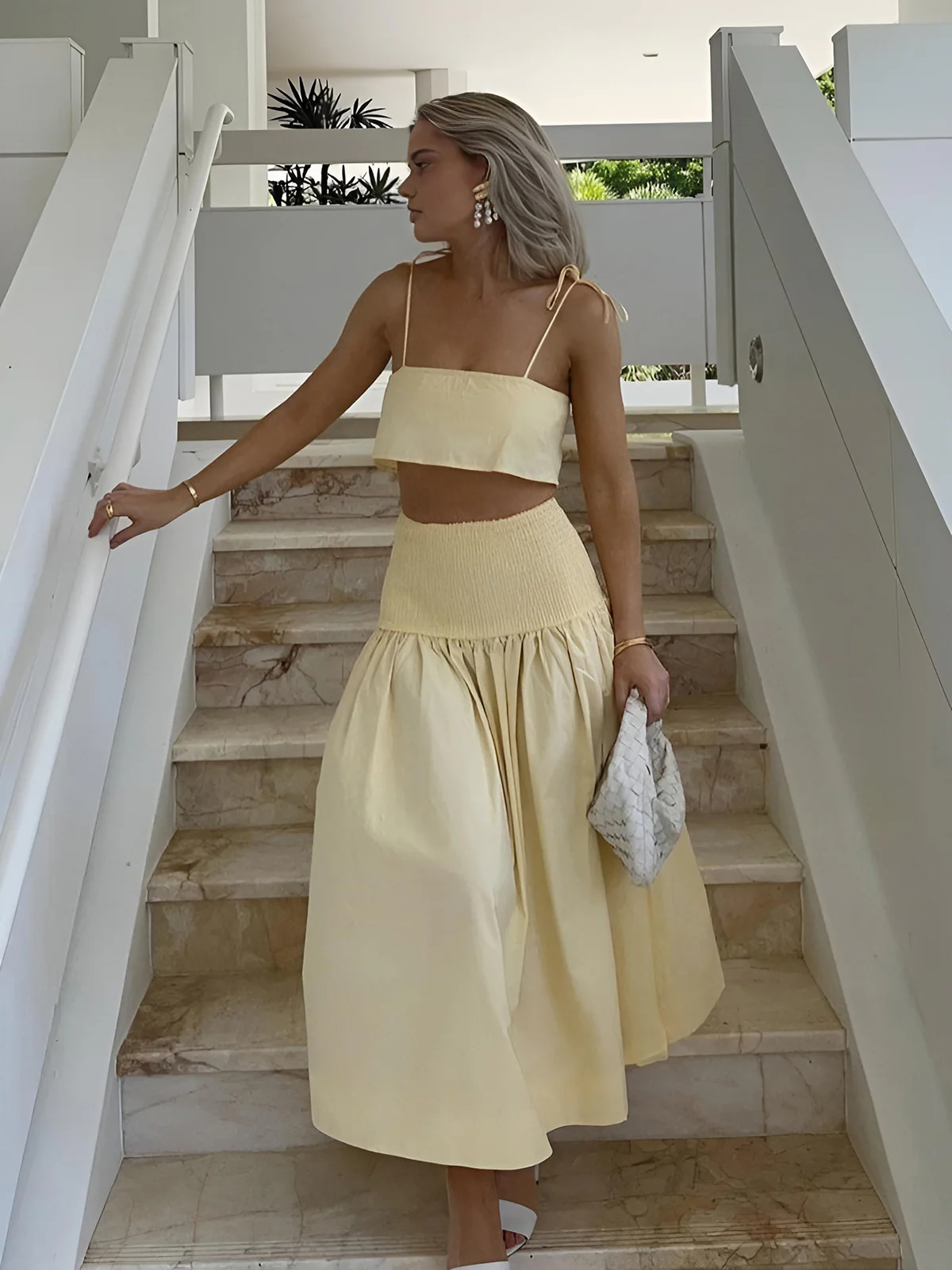 Shirred Waist Split Thigh Skirt Set - Takermore