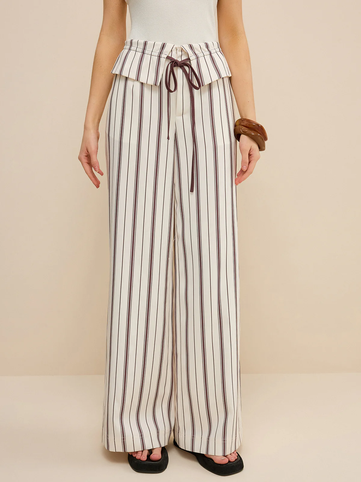 Striped Wide-Leg Pants with Peplum Waist - Takermore