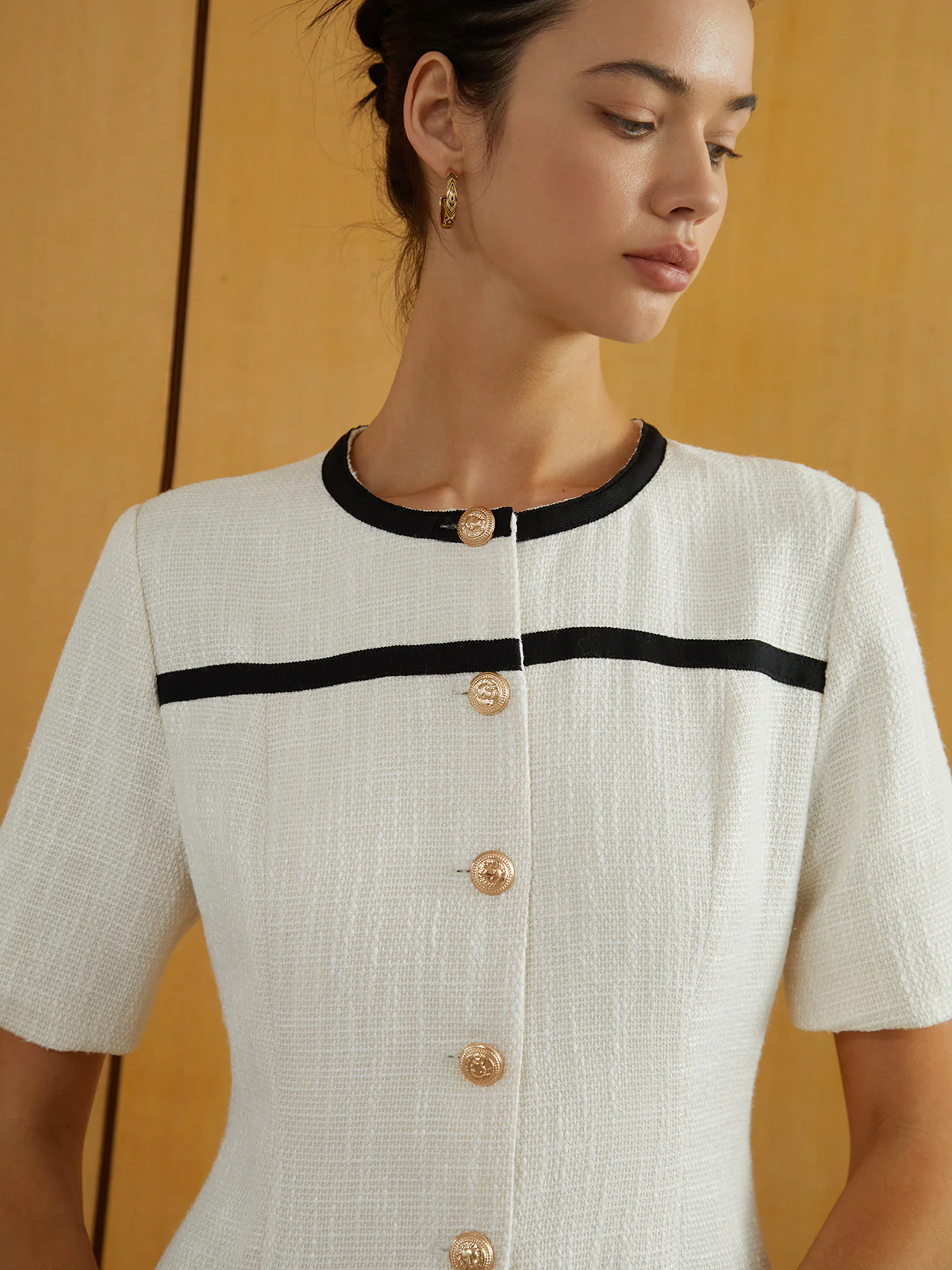 Contrast Binding Button Tweed Short Dress - Takermore