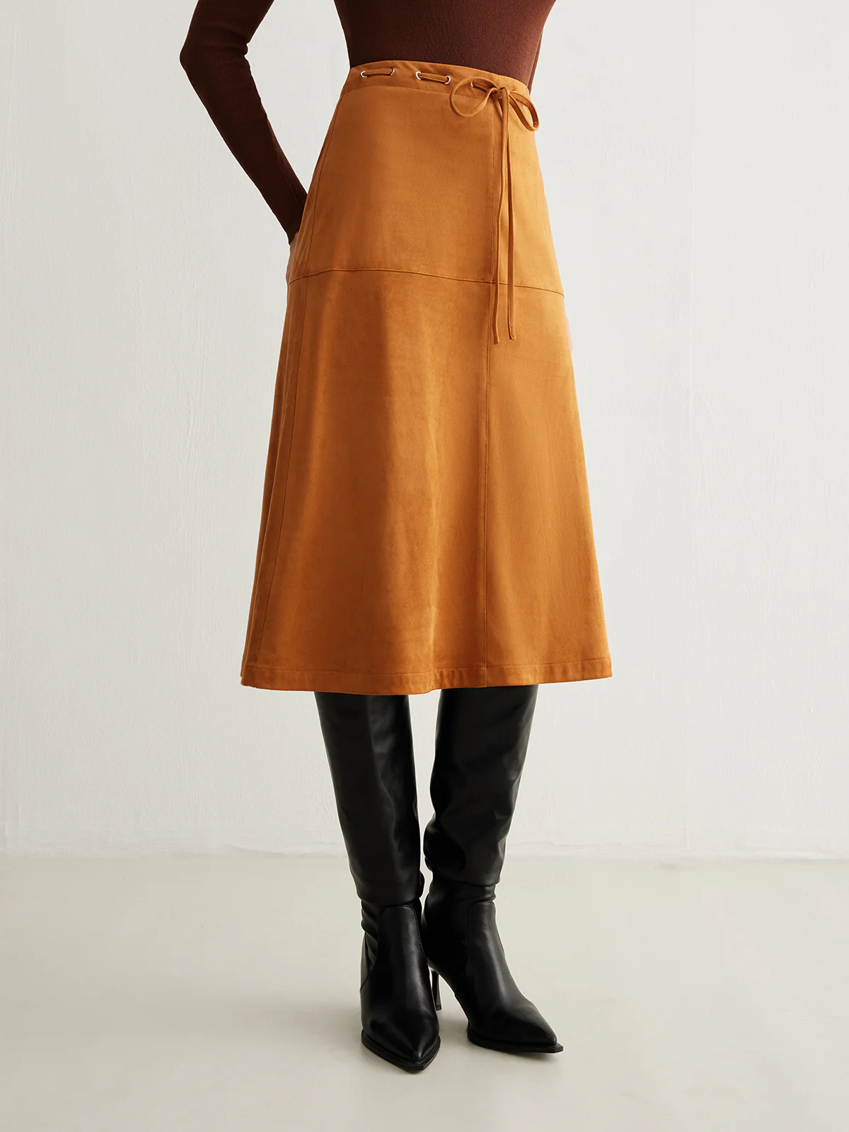 Drawstring Back-Zipper Suede Skirt - Takermore