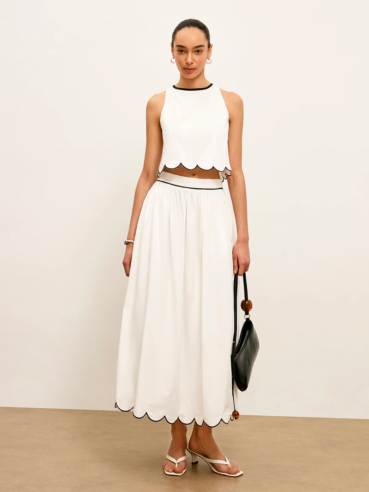 Scallop Trim Color Block Sleeveless Skirt Set - Takermore