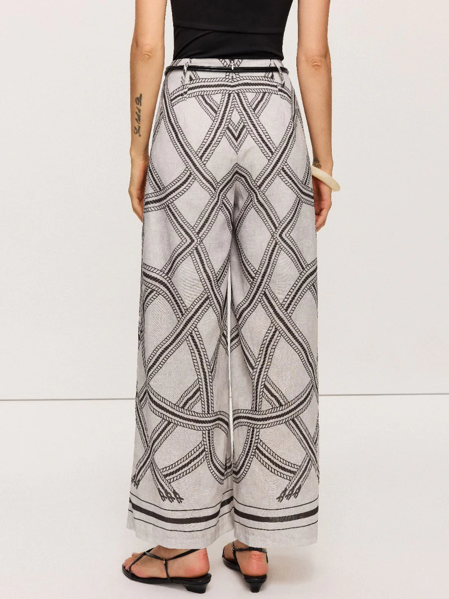 Geometric Print Belted Wide-Leg Pants - Takermore