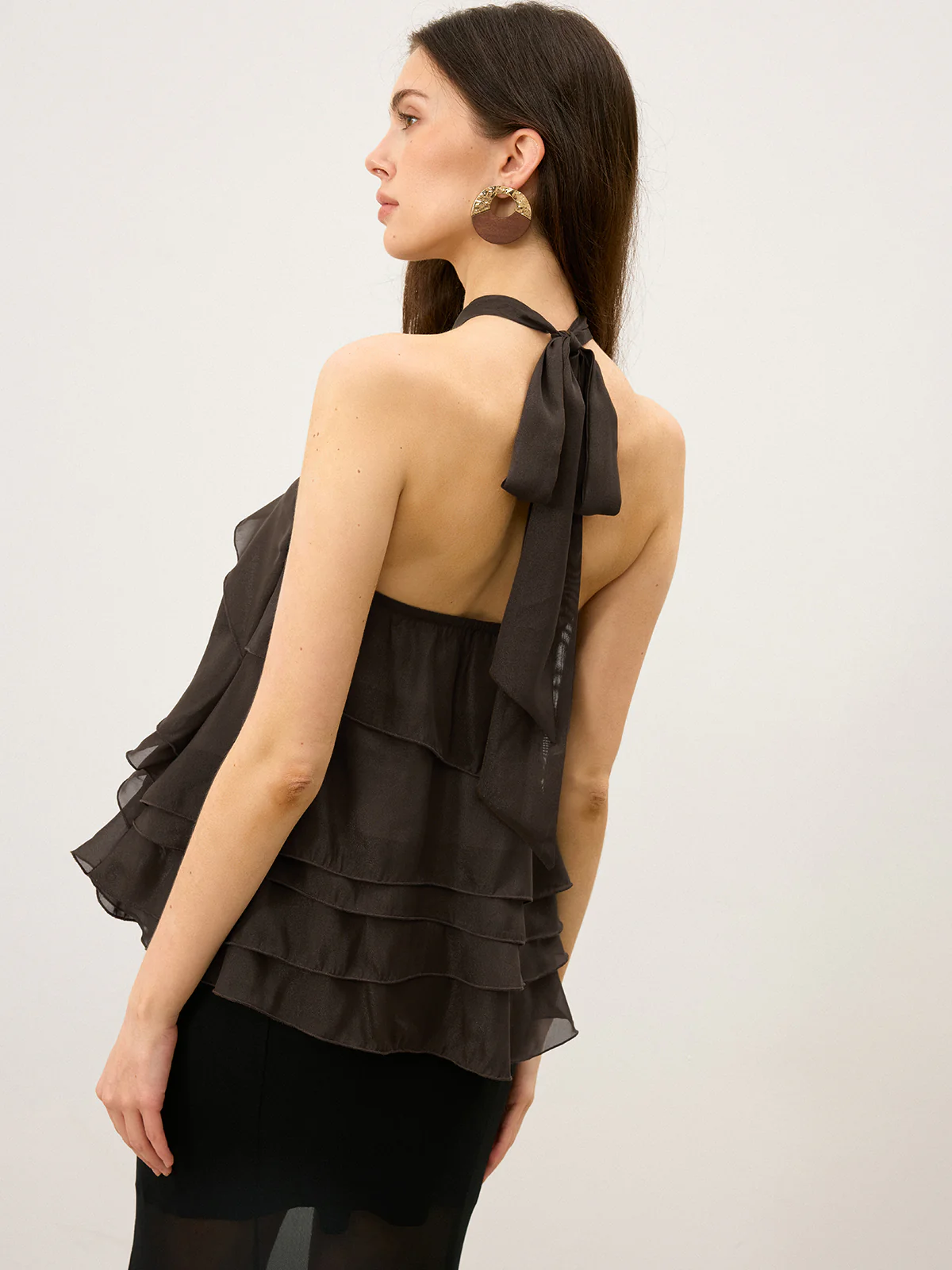 Tiered Ruffle Chiffon Halter Top with 3D Flower - Takermore