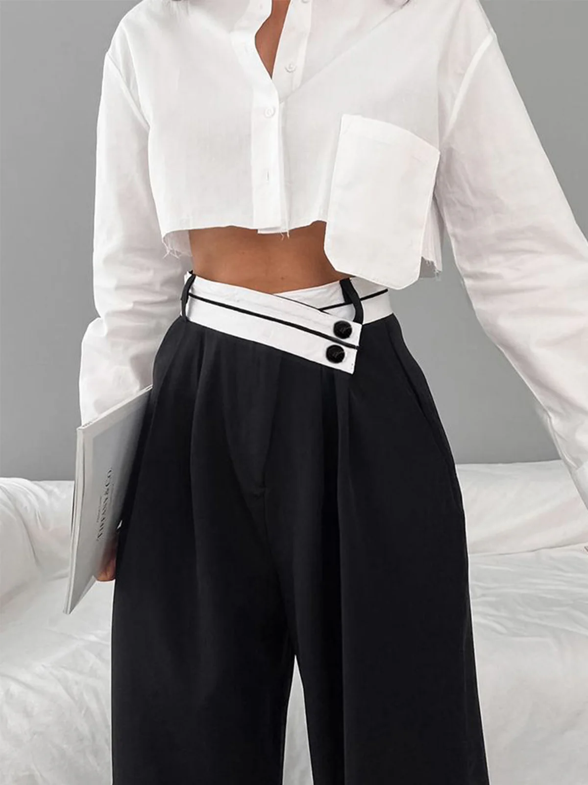 Asymmetrical Contrast Waistband Wide Leg Dress Pants - Takermore
