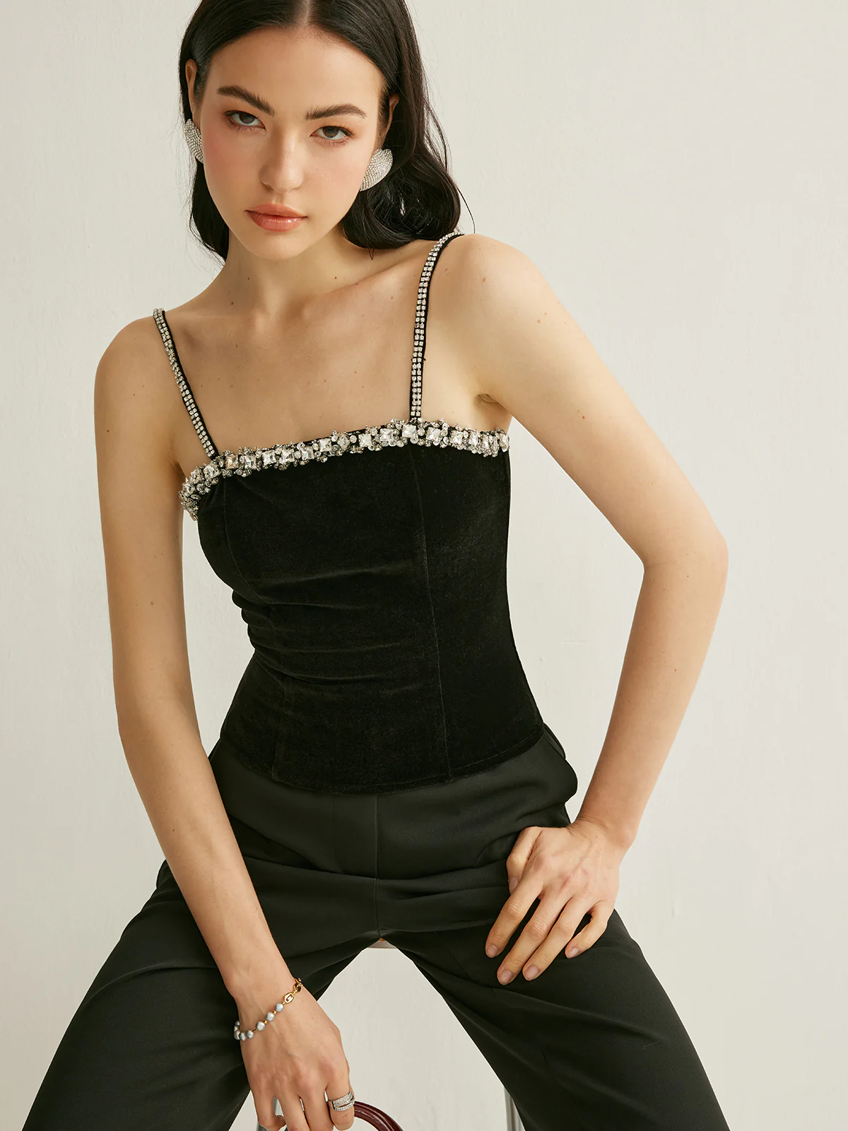 Rhinestone-Embellished Velvet Cami Top - Takermore