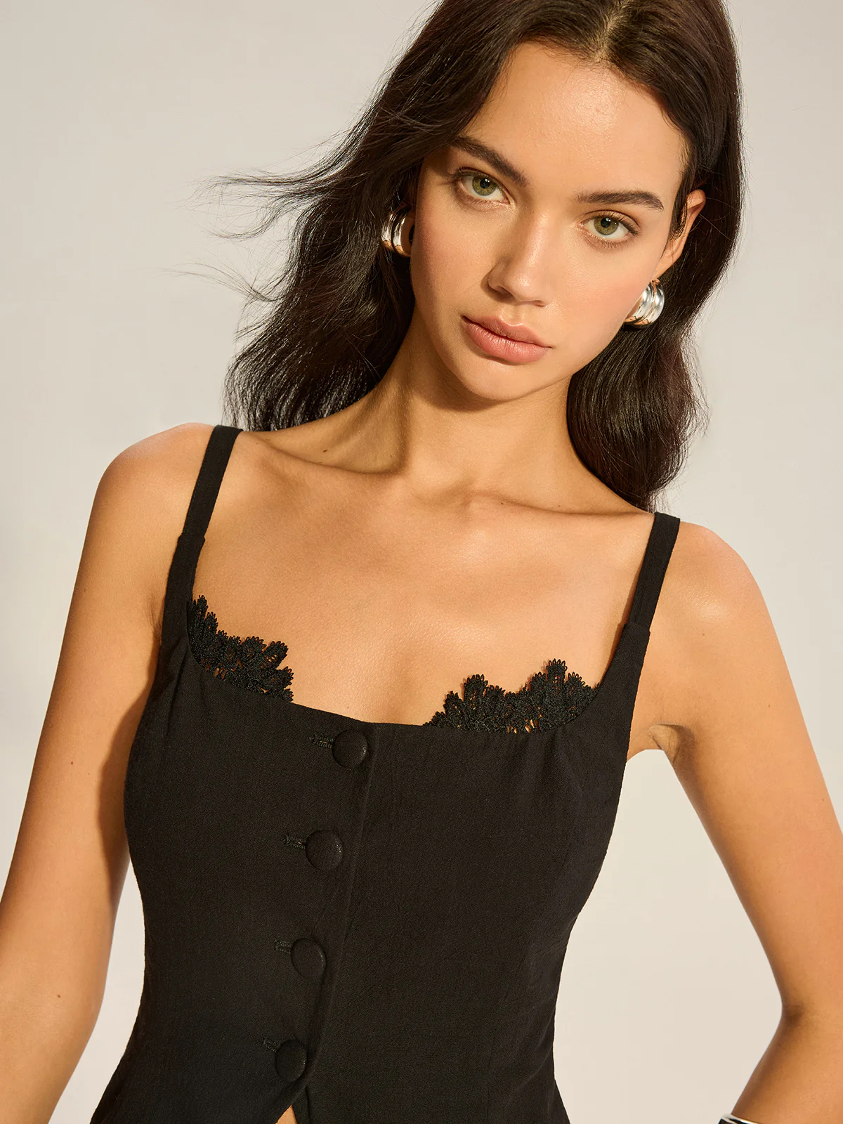 Lace-Trimmed Button Top with Slit - Takermore