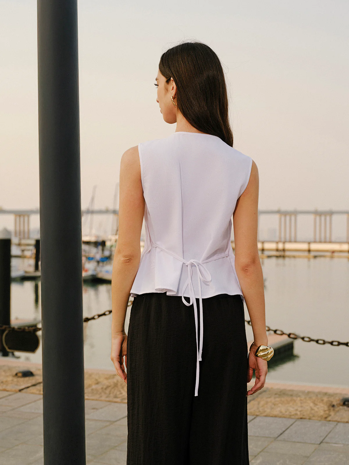 Cotton & Linen Pleated Back Tie Top - Takermore