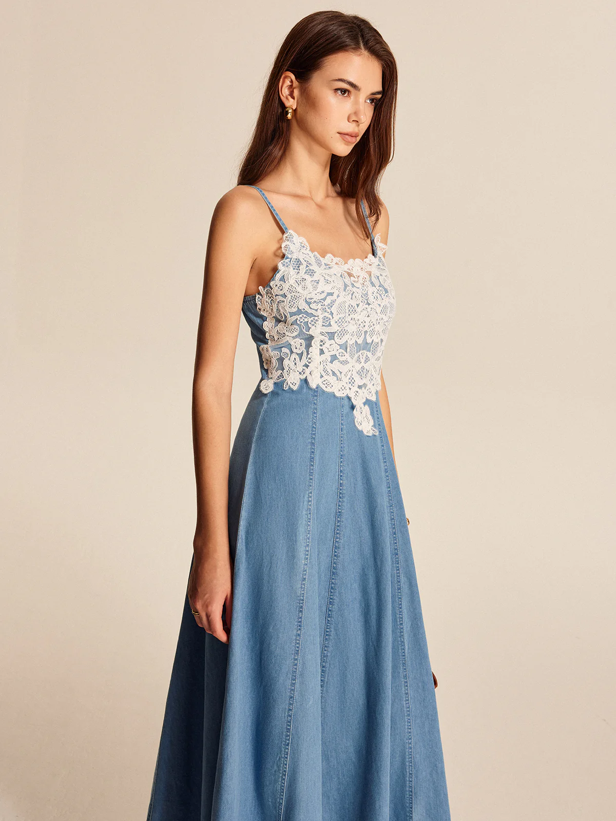 Lace Panel Denim Cami Dress - Takermore