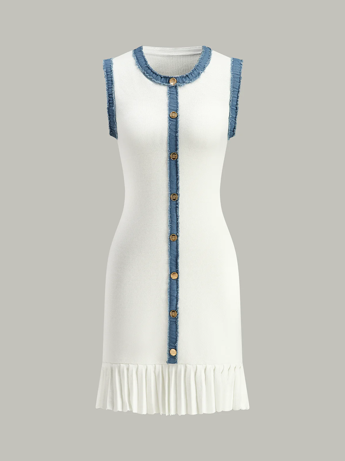 Denim Trim Button-Front Ruffle Hem Midi Dress - Takermore