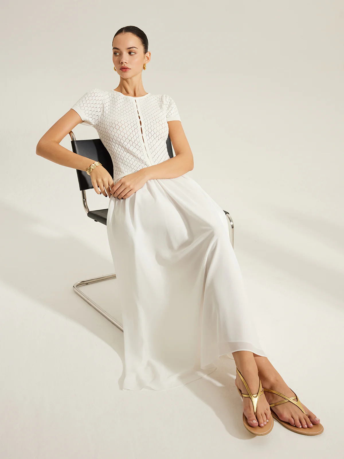 Sheer-Panel Button-Front Knit Dress - Takermore