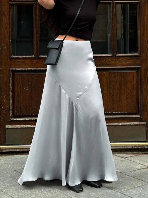 Satin Pleated Slit Skirt - Takermore