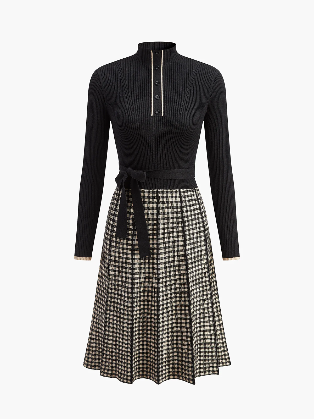 Belted Plaid Panel Sweater Dress - Takermore