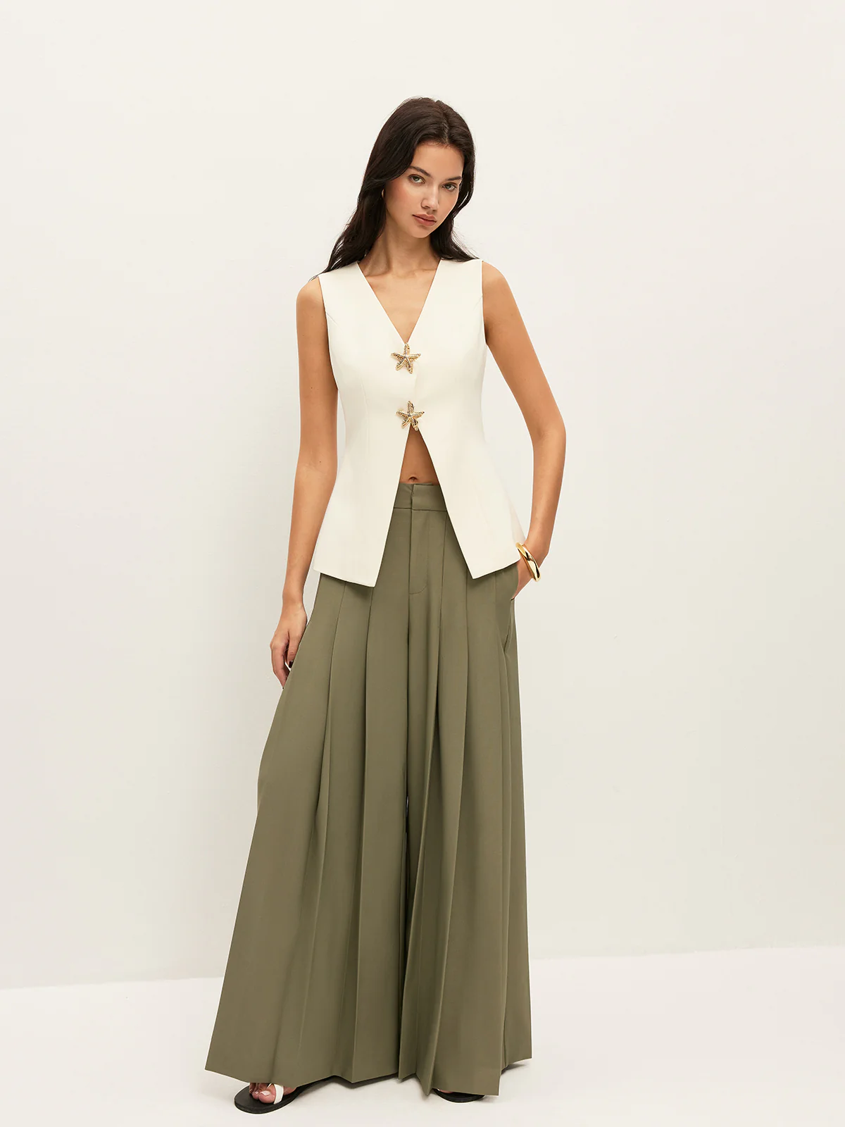 Mid-Waist Pleated Zipper Wide-Leg Pants With Pockets - Takermore