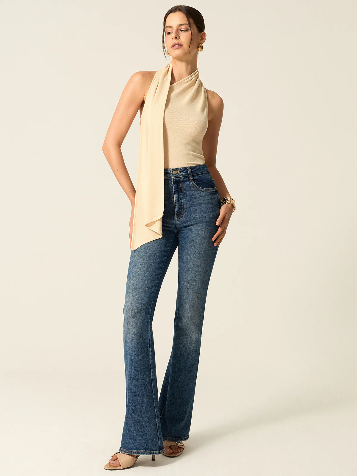 Halter Backless Top with Draped Scarf Detail - Takermore